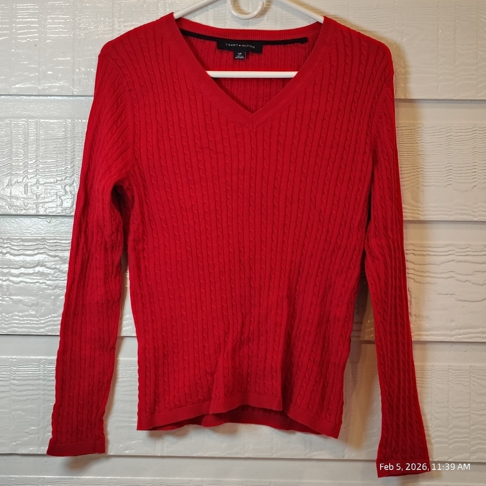 Tommy Hilfiger Sweater Womens S Red V‎ Neck Cable Knit Ribbed Fitted Lightweight
